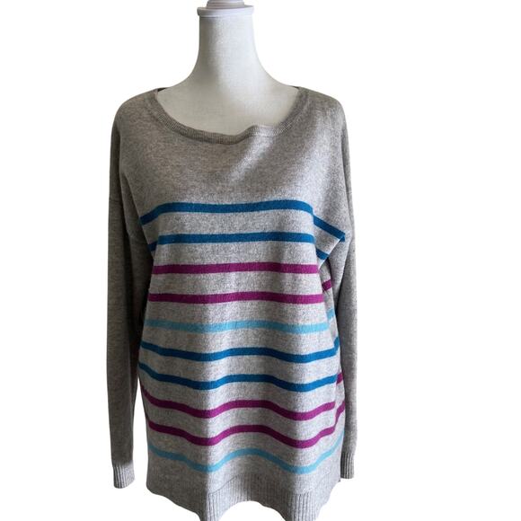 Neiman Marcus Sweater 100% Cashmere Grey Striped Crew Neck Women's SZXL - Picture 1 of 10